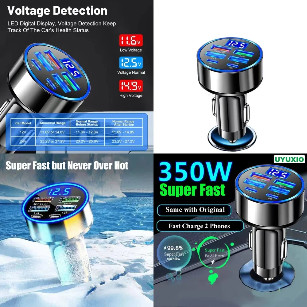 SCP Super Fast Charge 6-Port Car Power Adapter Dual PD Quad USB Digital Voltage Monitor for iPhone 15 14 13 Samsung S23 Ultra