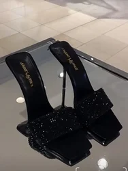 Summer 2025 Women's Black Water Diamond Strap Sandals Square Head High Heel Thin Heel Stylish Yangshulin Design