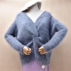 Ladies Women Autumn Winter Grey Tied Hairy Angora Rabbit Hair Knitted V-Neck Long Sleeves Loose Pullover Sweater Jumper Pull Top