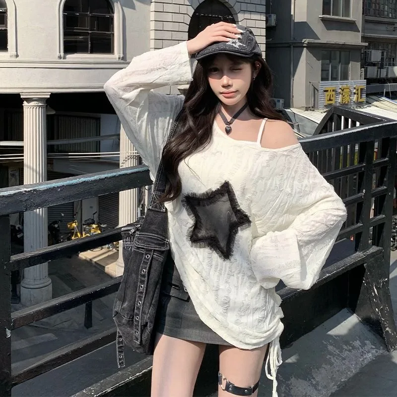 Y2K Hole Star Print T-Shirt Women Fashion Streetwear Off Shoulder Tops Summer Oversized Kpop Long Sleeve Loose Tees Ladies New
