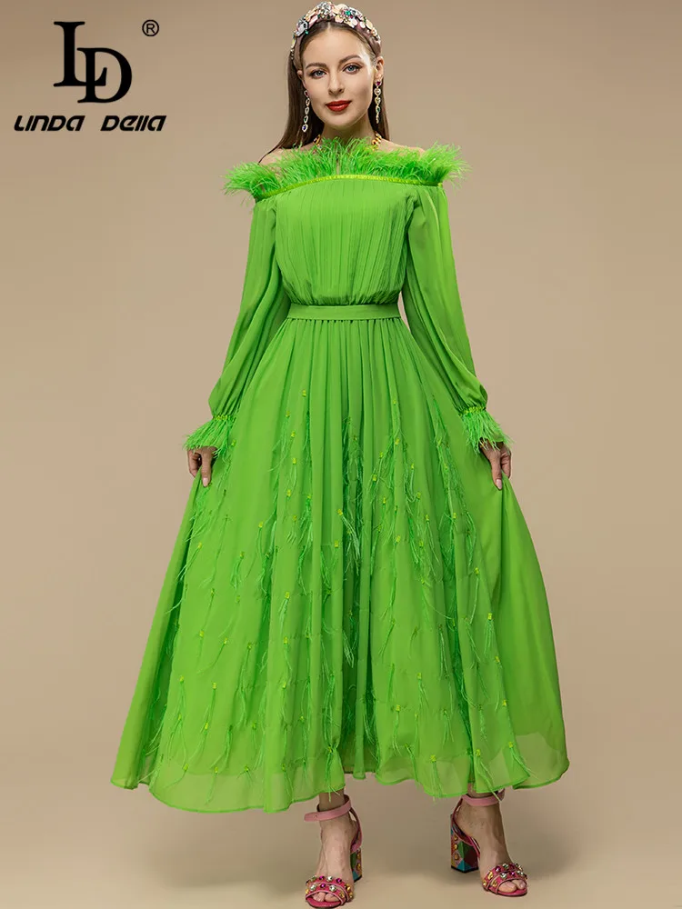 LD LINDA DELLA Fashion Runway Spring Dress Women's Slash neck Draped Feathers Flare Sleeve green Long Party Dress