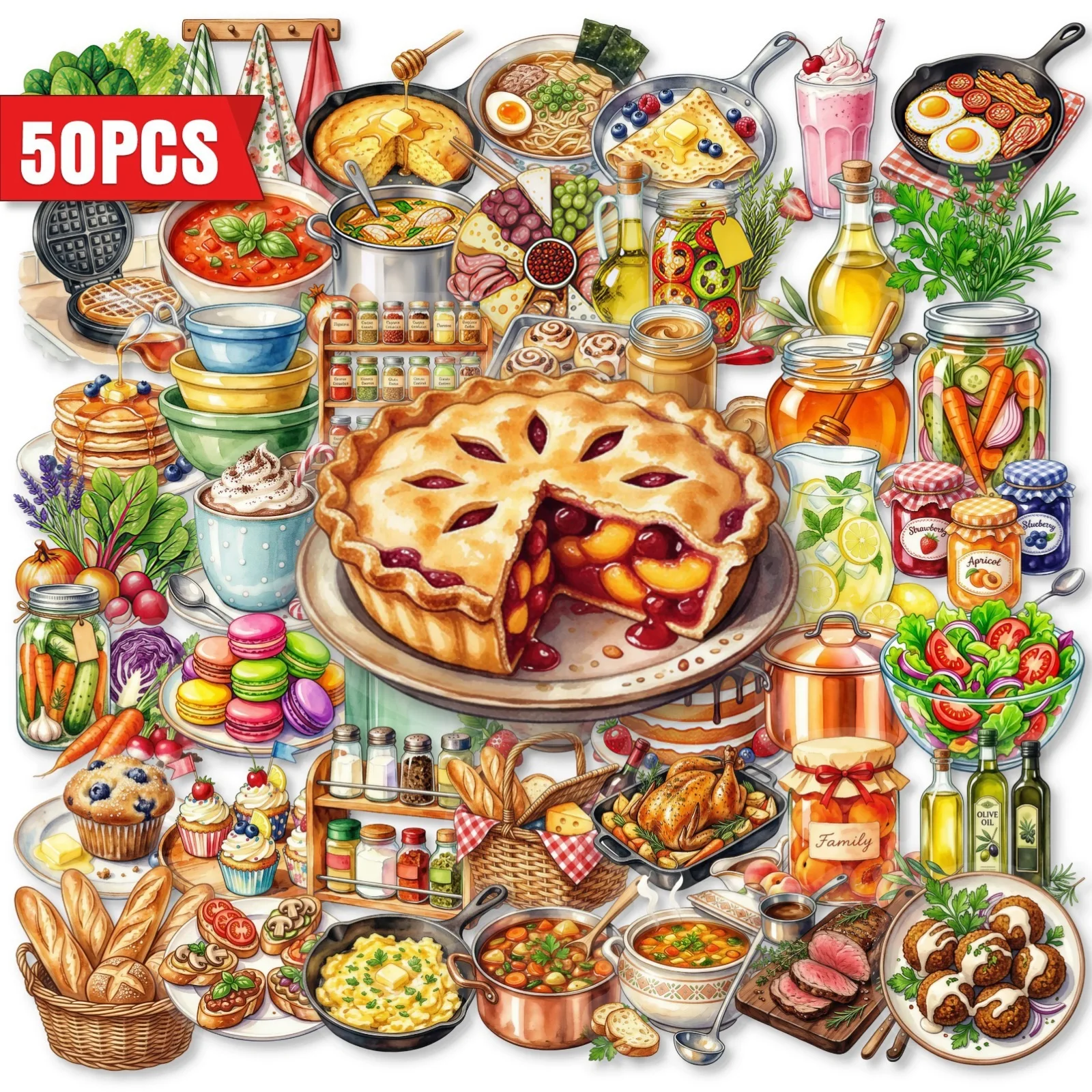 50 PCS Kitchen Food PET Transparent Sticker Western Dessert Baking Ingredient Stickers Decorate Fridge Cabinet Thermos Cup Decal