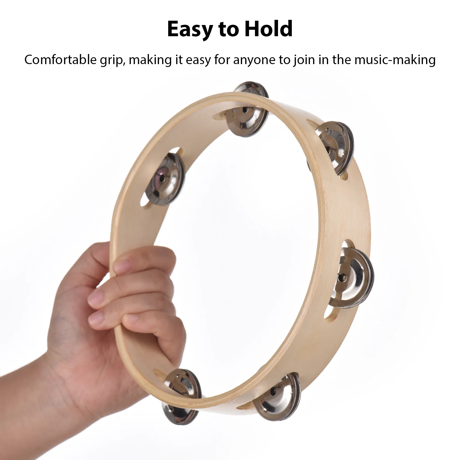 6 Inch Tambourine for Adults Pleasant Jingle Sound Hand Cranked Bell Rings Wooden Natural Color