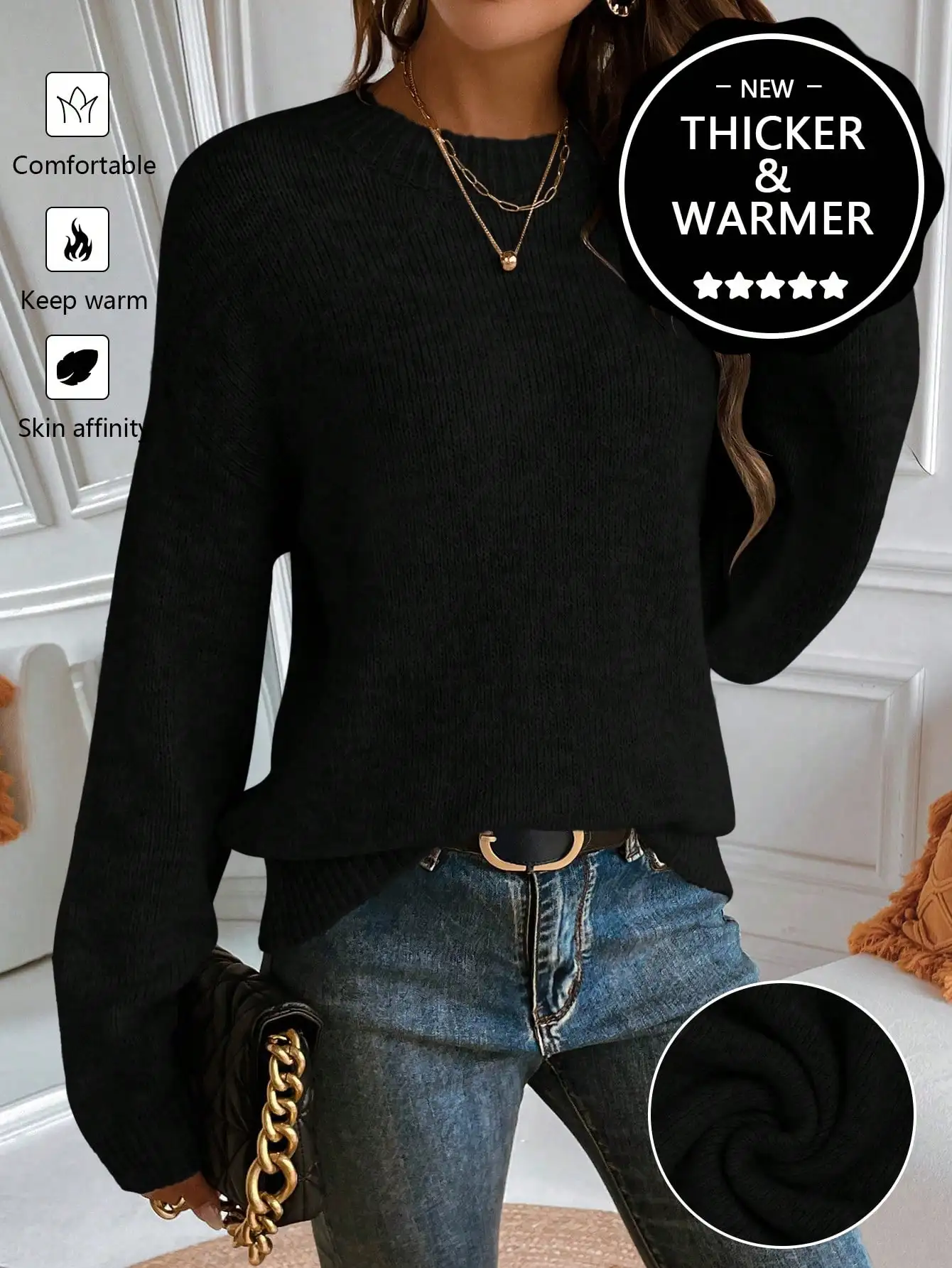 

Теплый черный вязаный свитер с круглым вырезом для женщин - свободный крой, длинный рукав