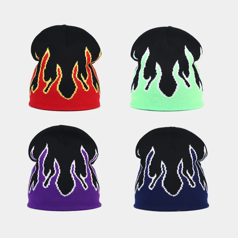 Autumn Knitted Hat Men's and Women's Hip Hop Fashion Flame Jacquard Hoodie Winter Outdoor Cycling Versatile brimless Hat