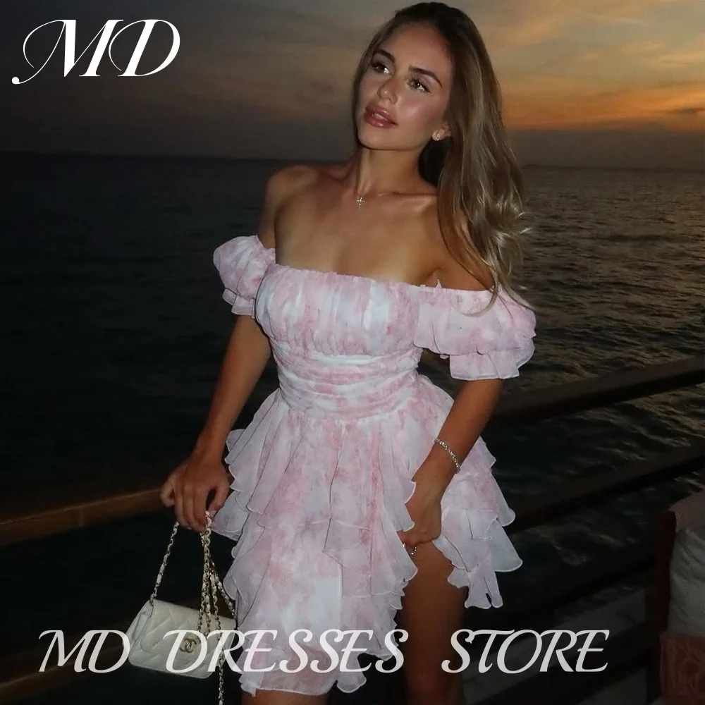 

MD Floral Off Shoulder Short A-line Evening Gown Tiered Pleated Ruffle Cocktail Prom Gown vestidos Prom Gown Customized 2025