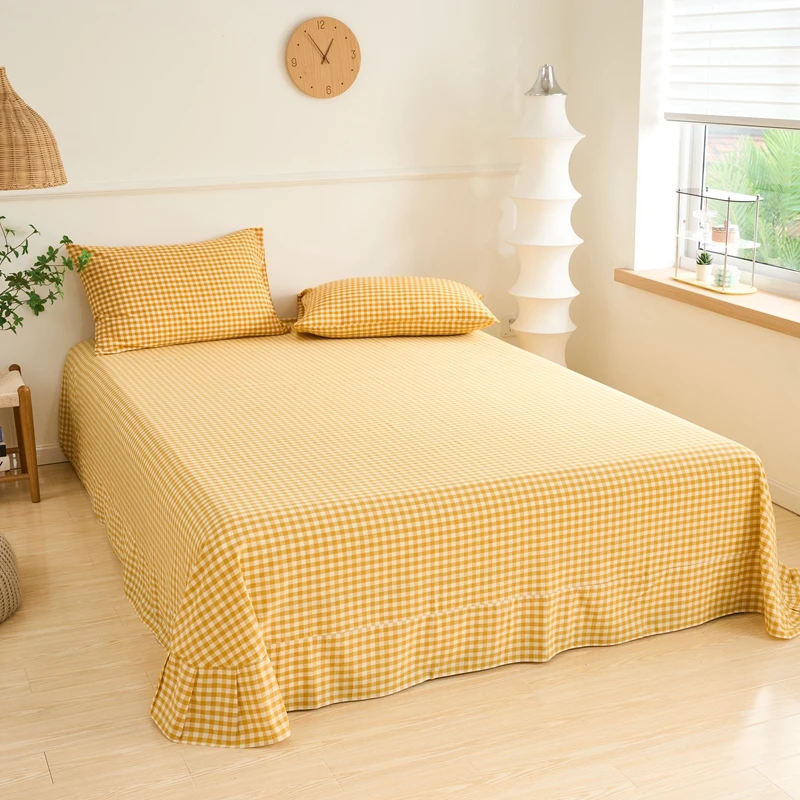 

Yellow Plaid Polyester Flat Sheet Geometric Grid Bed Sheet Teen Adults Modern Fashion Geometry Bedding Sheets with 2 Pillowcases