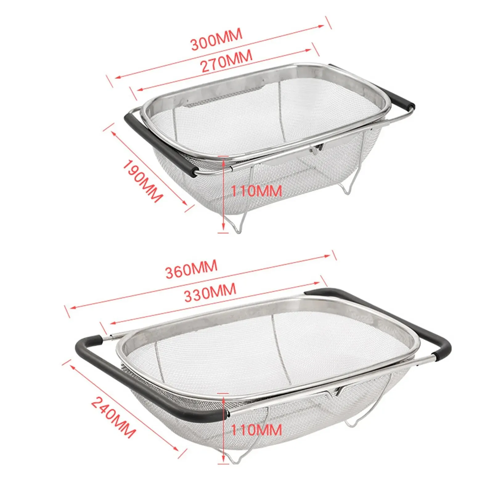 Kitchen Supply Over The Sink Deep Well Oval Stainless Steel Colander Fine Mesh W/ Extendable Handle