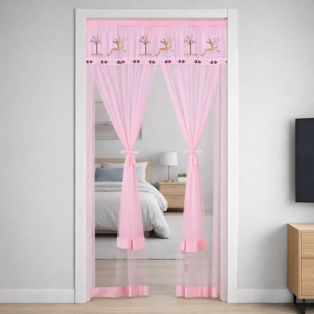 Double Layer Lace Embroidered Door Curtain Punching Free Breathable Mesh Entrance Curtain Anti-mosquito Self-adhesive