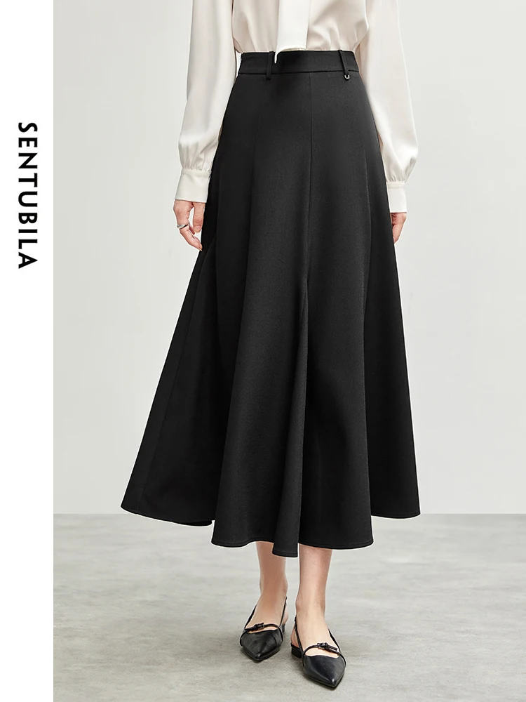 

SENTUBILA Black Fishtail Skirt for Women 2025 Autumn Spring Elegant High Waist A-line Simple Long Skirt Ladies Clothes 143Q56378