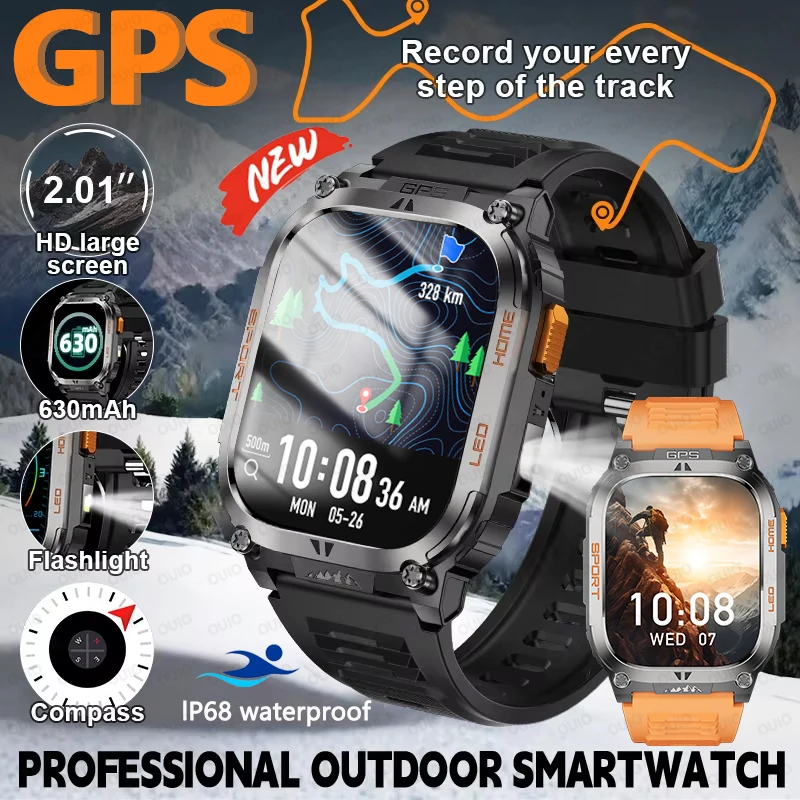 

Новинка 2025 года, встроенные GPS-смарт-часы, 2,01-дюймовый HD-фонарик с большим экраном, аккумулятор 630 мАч, компас, IP68, водонепроницаемые, 178 + спортивные умные часы