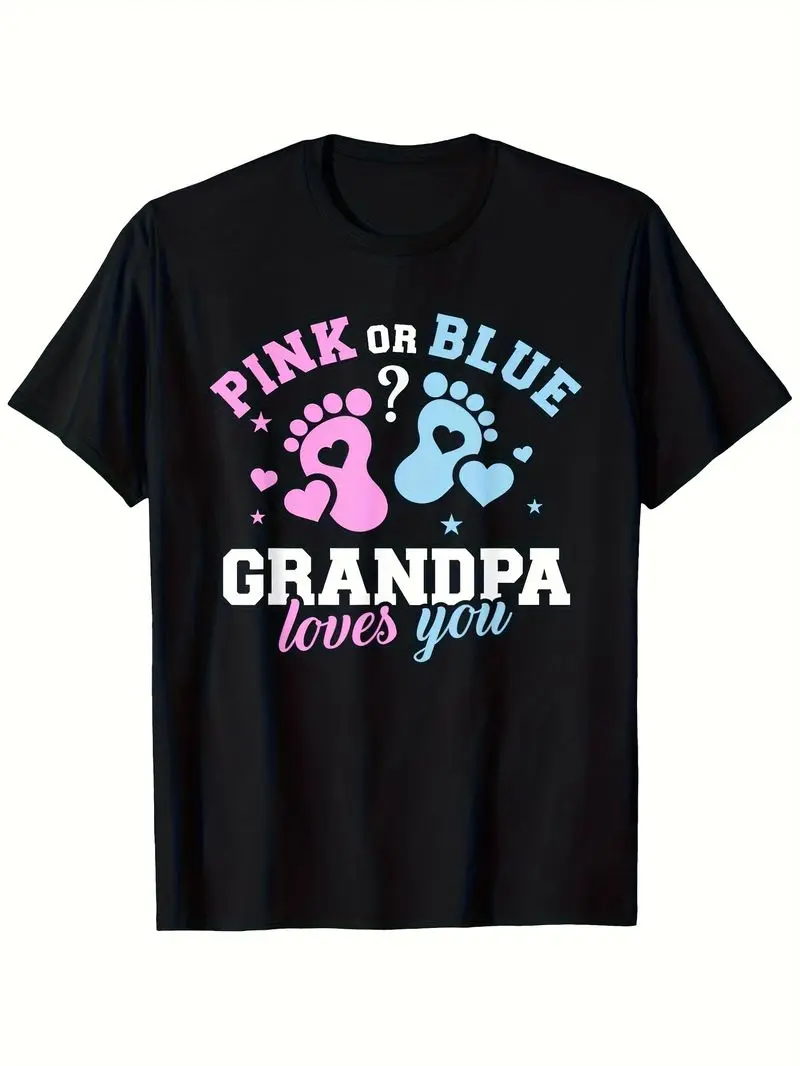 Pink Or Blue Grandpa Loves You Gender Reveal T-Shirt, 100% Cotton, Black With Pink & Blue Footprint, Gift For Men Women, S-Xxxl
