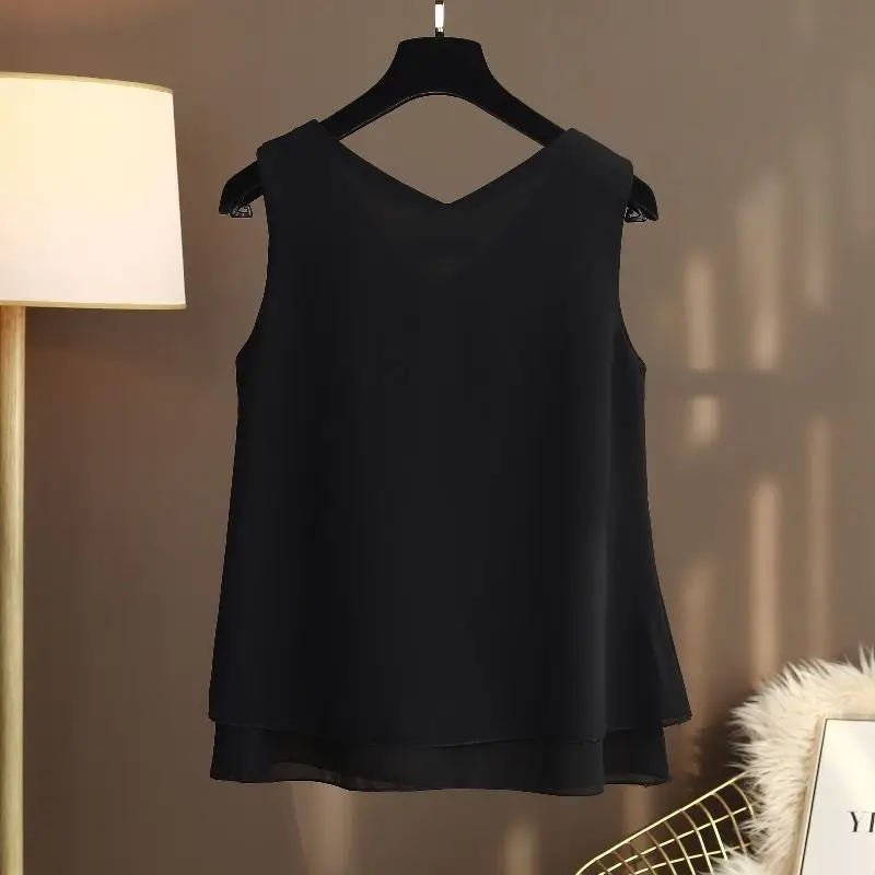 2024 Summer New Women\'s Pullovers V-Neck Spliced Ruffles Elegant Fashion Loose Sleeveless Commuter Solid Color Chiffon Tops