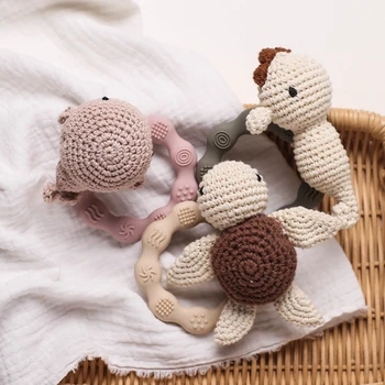 1PC bébé hochet jouets dessin animé tortue Crochet hochet bébé en bois anneaux de dentition enfants Montessori jouets nouveau-né cadeaux de noël
