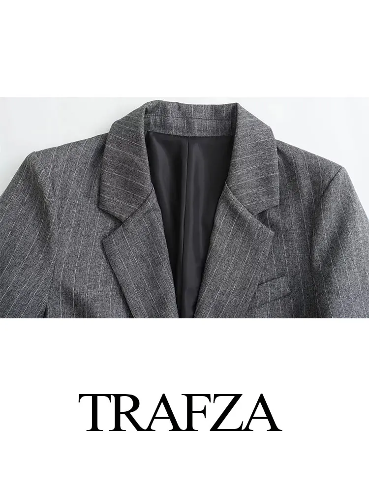 TRAFZA 봄 2 피스 여성용 정장 V 넥 긴 소매 싱글 브레스트 블레이저 코트 + 폴드 스트리트웨어 여성용 미니 스커트