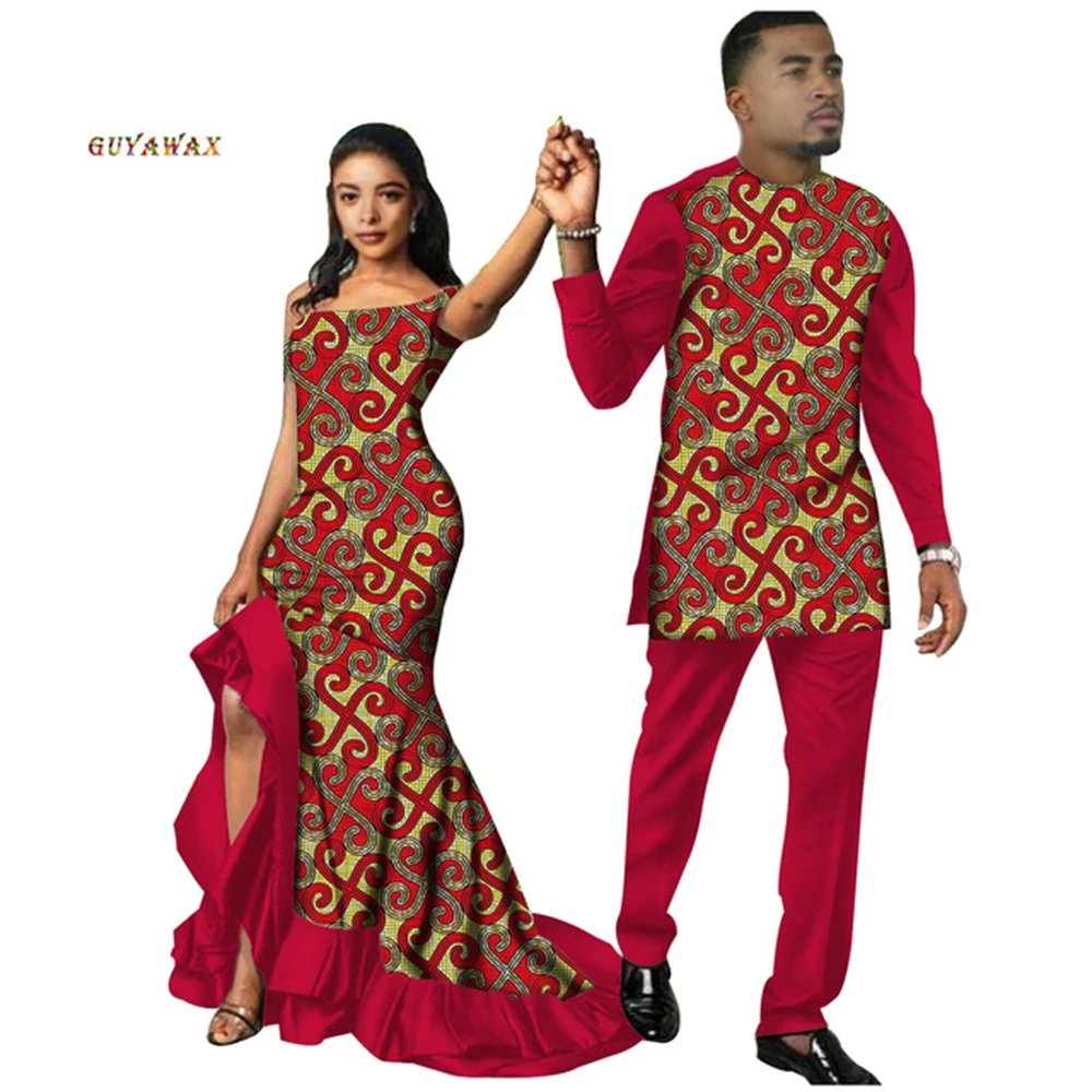 

African Couples Clothes Bazin Riche Groom Wedding Tuxedos 2 Pcs Shirts Pants Sets Fashion Tailleur Femme African Dashiki Dresses