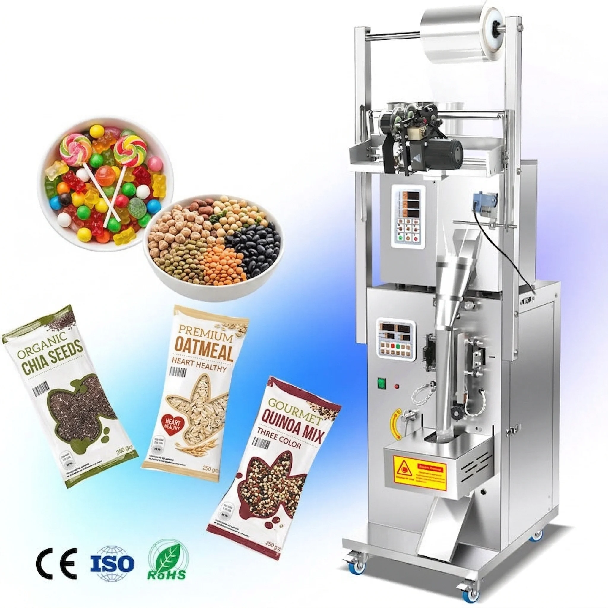 Máquina automática para pesar y envasar productos de pequeña escala, adecuada para nueces, cacahuetes, patatas fritas y sobres de especias.