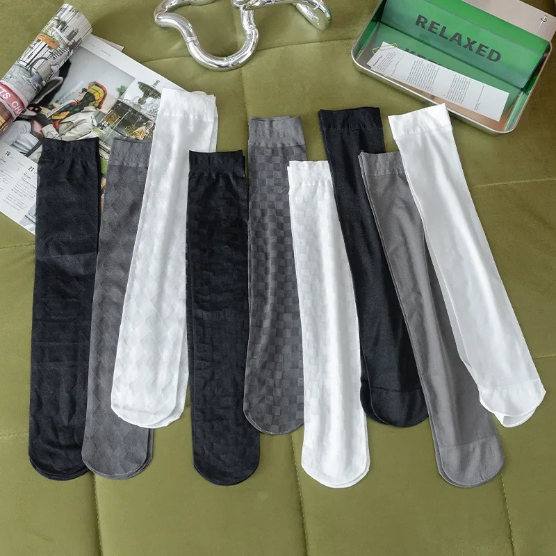 JK Girls Long Socks Stockings Women College Style Plaid Knee Socks Women Ultra-thin Transparent Crystal Silk Socks Stockings Sox