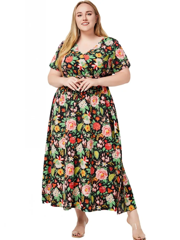 

XL-5XL Plus Size Clothes Dresses Women Robes Spring Summer Loose Street Casual 3XL Big Size Flower Print Ress Oversized Dresses