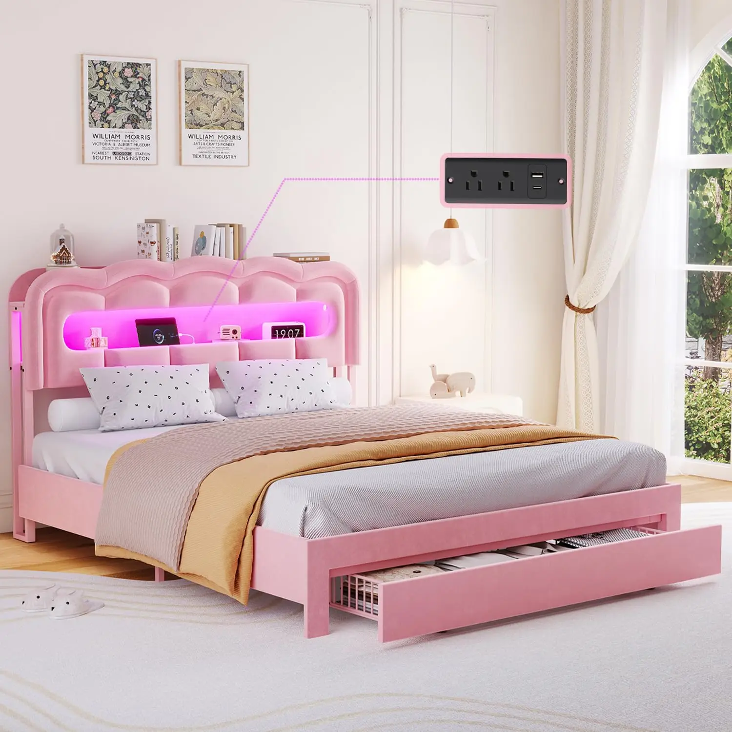 Full Size Bed Frame with Storage and LED Lights Charging Station, Velvet Upholstered Bed with Drawer, No Box Spring Needed, Easy