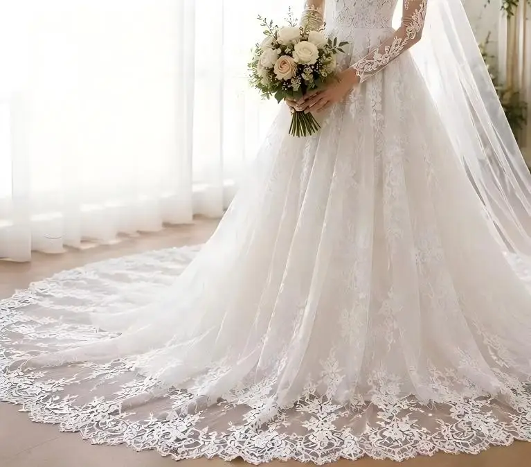 High Quality Ivory Eyelash Floral Lace Sheer Fabric for Romantic and Elegant Bridal Wedding Dress and Veil