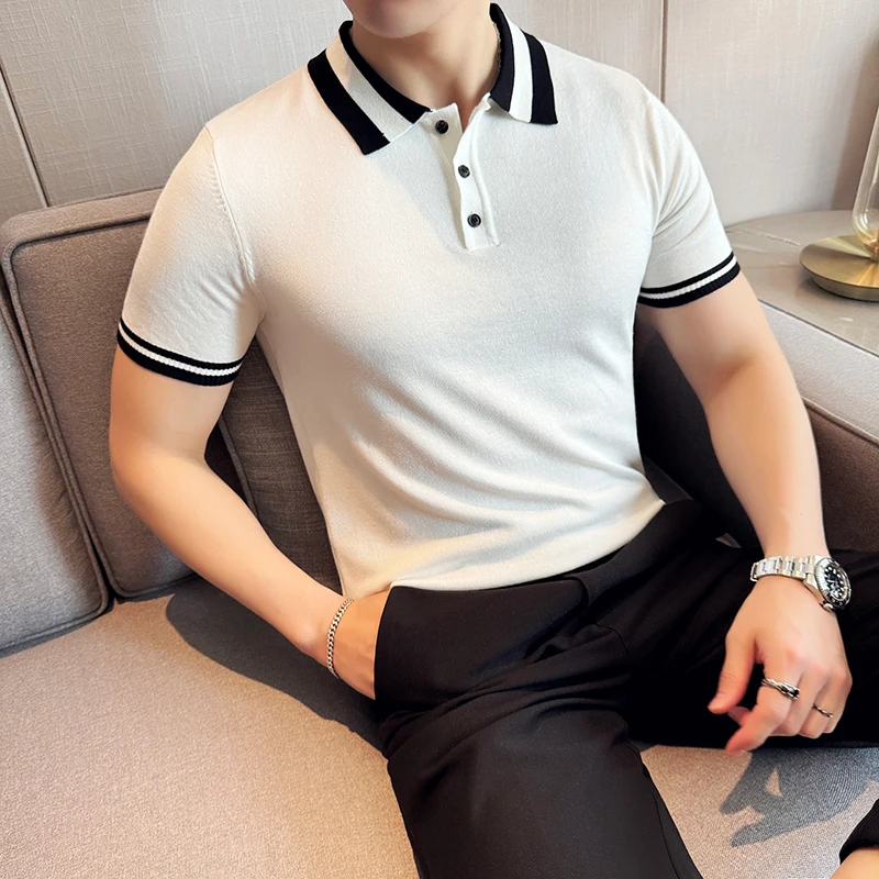 High Elasticity Men Short Sleeved Polo Shirt Summer Light Thin Fashion Casual Lapel Knitted T-shirt High-quality Men Clothing