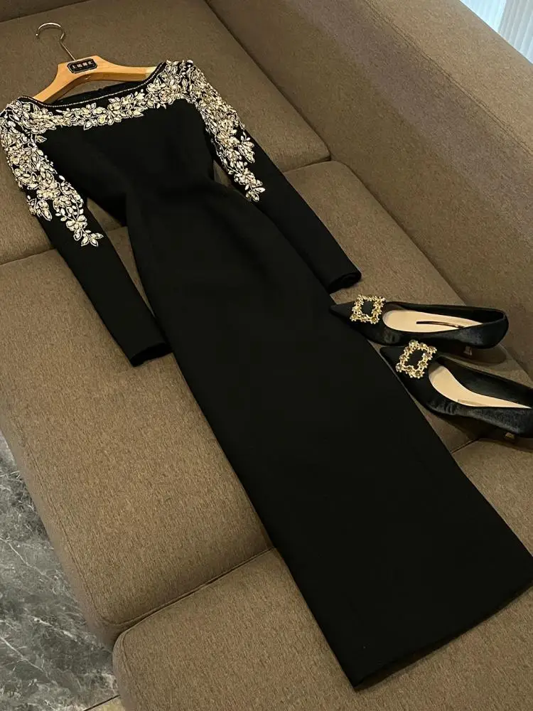 

Winter 2025 Bla Long Sve Women's Dr Heavy Beading One oulder Mid-Length Dr A-Line Skirt Sle Ci Commute