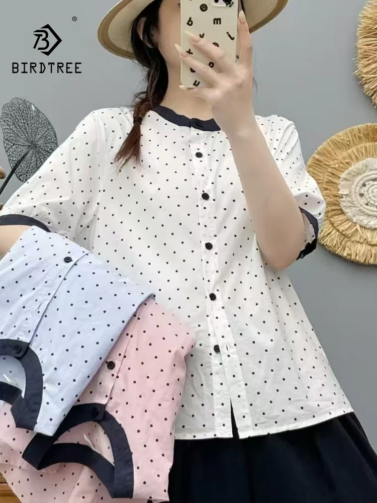 

New 2025 Summer Cotton Half Sleeve Shirt, Women O Neck Dot Print, Mori Girl Retro Versatile Commute Soft Loose Blouse T56824CC