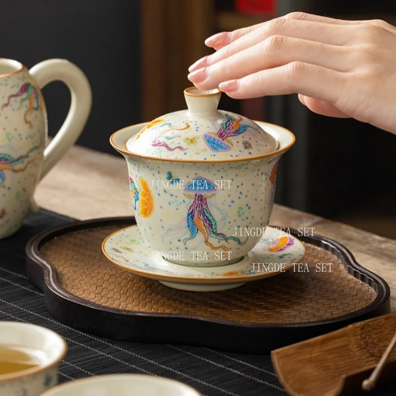 

160ml ceramic traditional Ru kiln lid tea bowl hand-painted jellyfish with lid tea making kung fu tea set