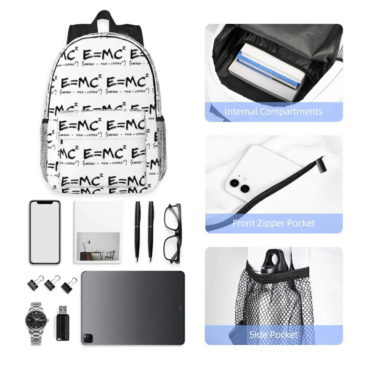 Science E = MC2 Energy Milk Coffee Physics Math Backpack Hot Sale Daypack Large Capacity BookBag Shoulder Bags School Bag