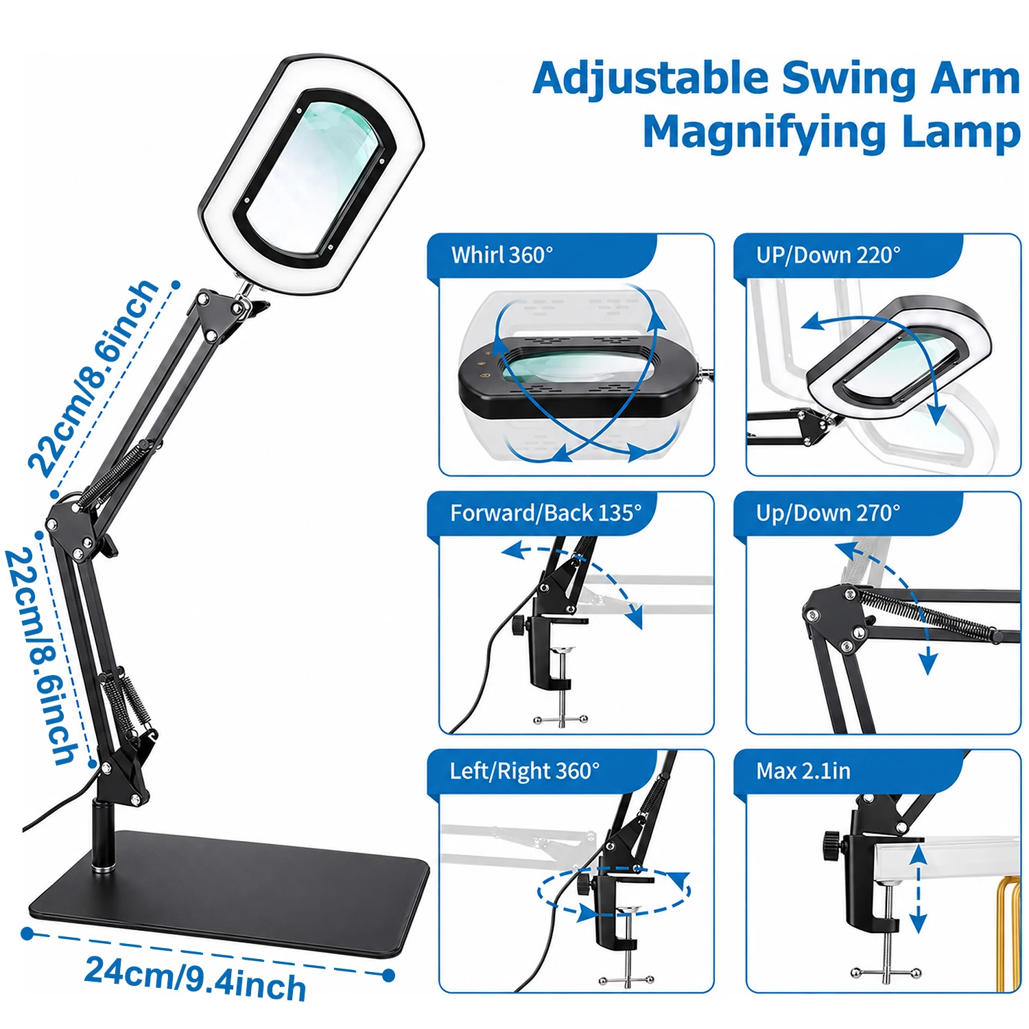 15X Magnifying Glass with LED Desk Light & Stand Touch Control Stepless Dimmable Desk Lamp with Clamp for Close Work Reading