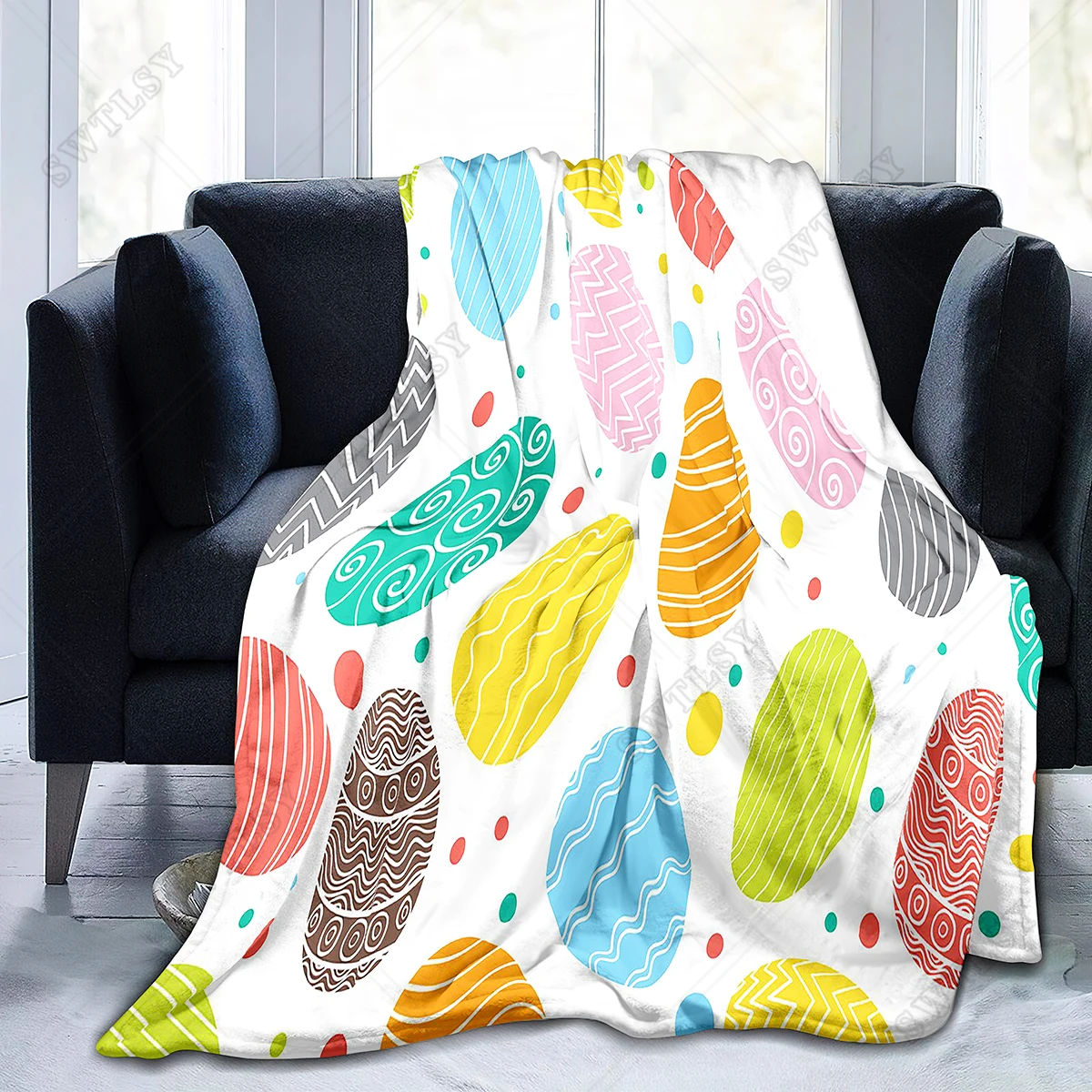 Easter Eggs Flannel Throw Blanket Colourful Eggs Pattern Easter Gifts Blanket King Queen Size for Bed Sofa Couch Lightweight