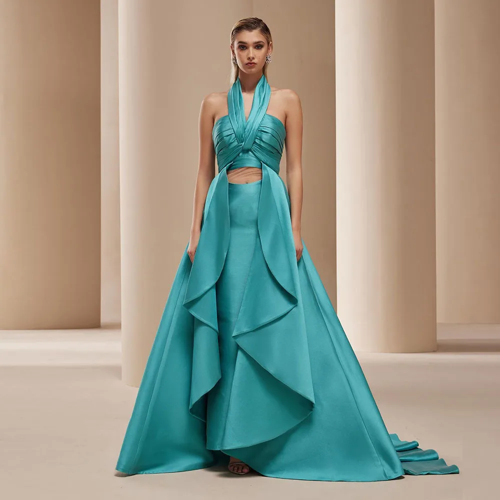 

Атласное платье-футляр в Саудовской Аравии Без рукавов Холтер длиной до пола Вечерние платья Плиссированное вечернее платье без рукавов со шлейфом