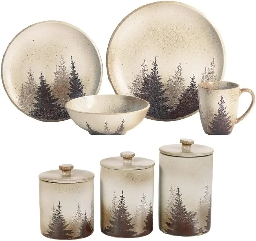 

by Rustic Dinnerware Set Clearwater Pines Ceramic 19 Piece Forest Pine Tree Cabin Themed Dishware Set with Dinner Plates, Bowls