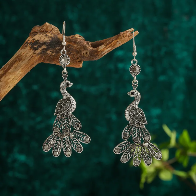 Ethnic Peacock Jhumka Earrings Women Silver Color Geometry Alloy Bohemia Classic CZ Earrings Statement Hangers