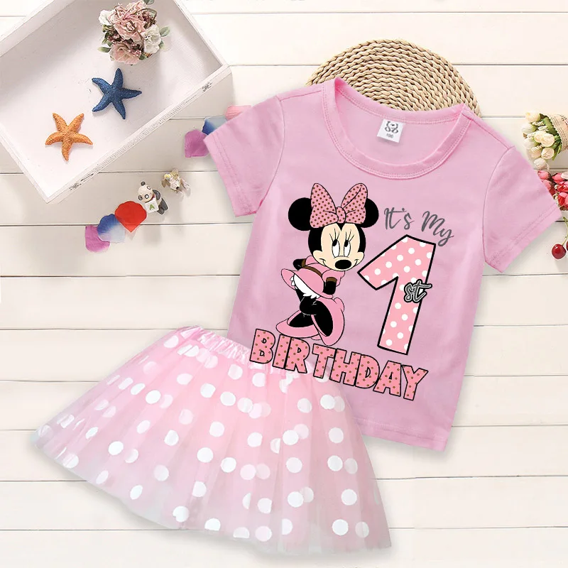 T-shirt con numeri di compleanno di Minnie Mouse + gonna corta Set di vestiti per ragazza Disney Anime Figure manica corta + gonna in filato T-shirt abito Kawaii