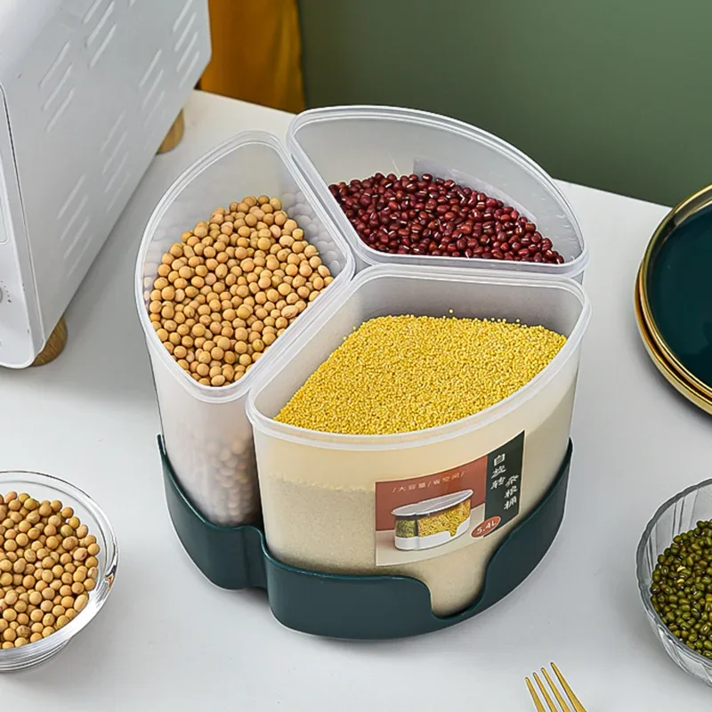 Rotary Food Bean Grains Canisters Bucket Bins Cereal Lids Nut Home Container Dried Bin Beans Grid Dispenser Practical Rotatable