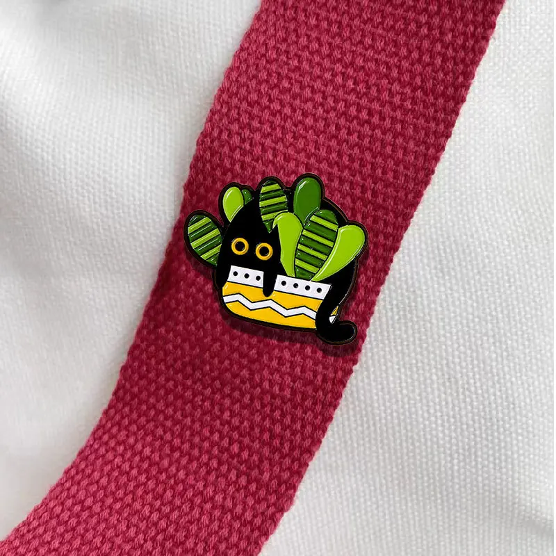 Cats in Plants Enamel Pins Metal Black Cat Potted Plant Badges Lapel Brooches Fun Animal Plant Jewelry Gift On Backpack For Kids