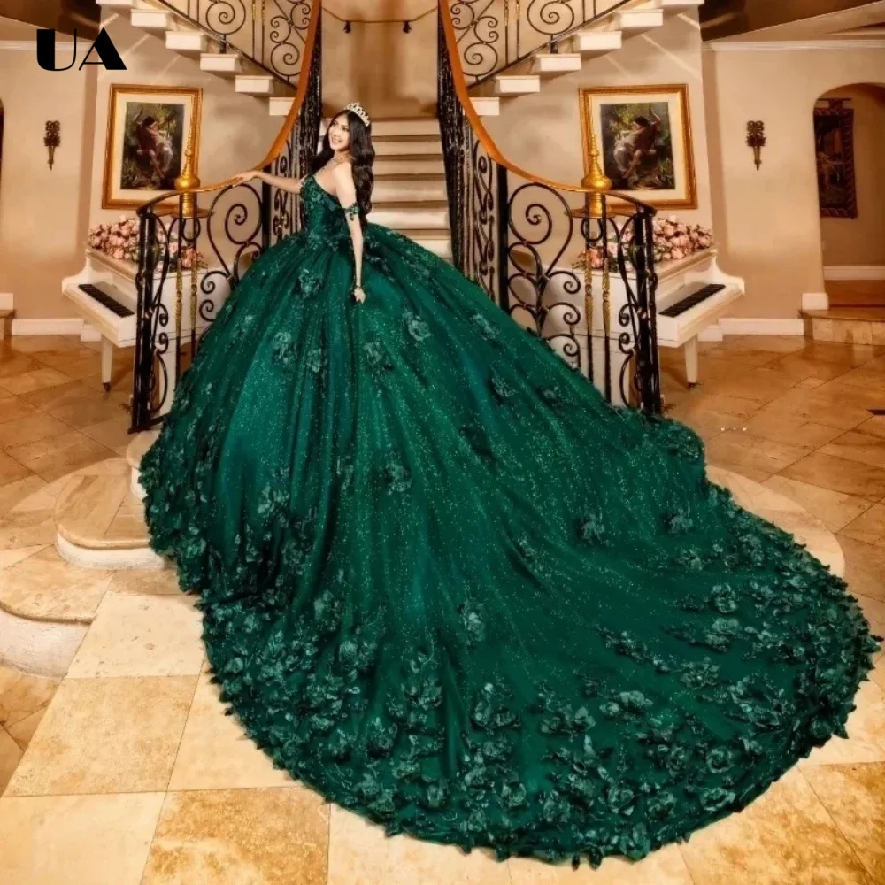 

ULBYANRY Customized Solid Off-the-shoulder Sweet 15 Dress Sparkly 3D Appliqued Quinceanera Dress Princess Style Mesh Prom Dress