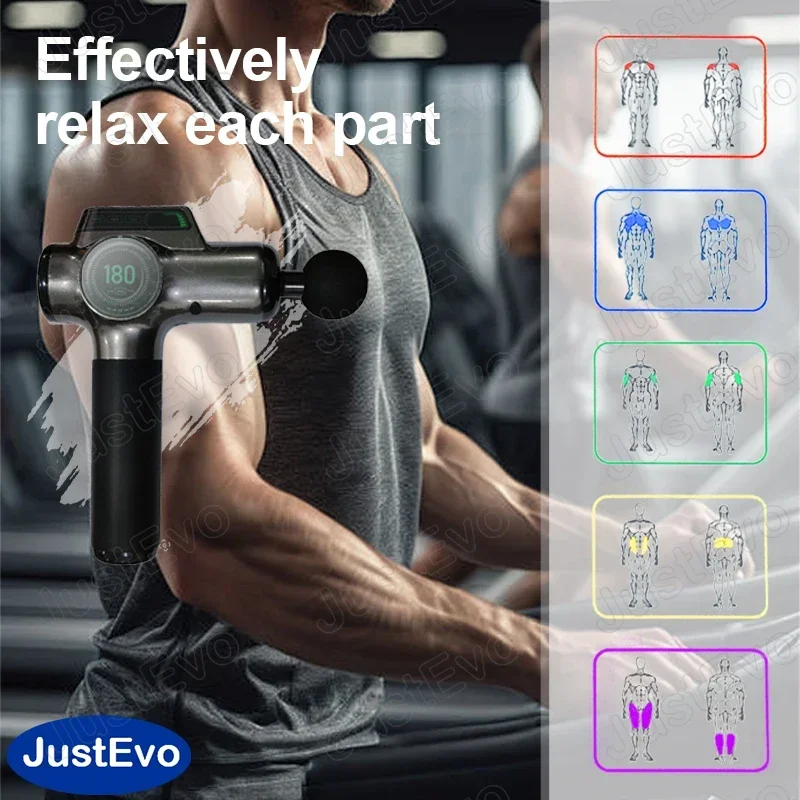 JUSTEVO Massagepistool op 99 niveaus, Type-C oplaadbaar, 8 massagekoppen, intensiteits- en batterijdisplay, perfect cadeau.
