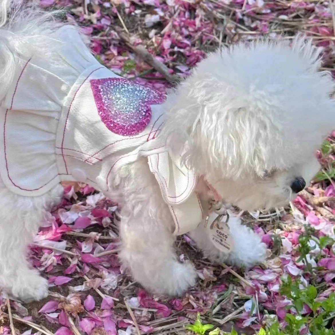 Pet Love Sequins Strap Skirt Dog White Denim Spring Autumn Pet Clothing Yorkshire Maltese Small Dog Pet Clothes Puppy Clothes