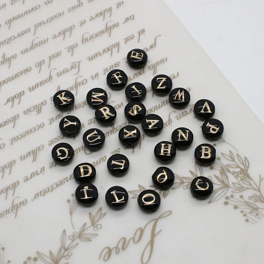 8mm A-Z Initial Letter Round Shell Bead Natural Black Resin Mother of Pearl Loose Letter Bead Jewelry Making DIY Accessories