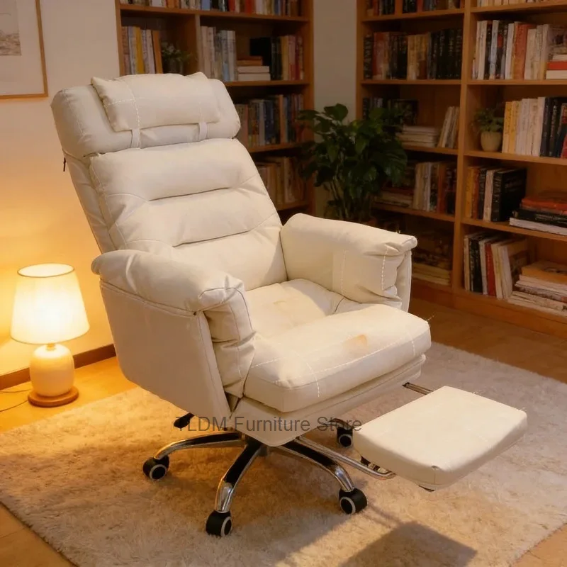 Style Lazy Recliner Office Chair with Footrest, Plush Upholstery, Adjustable Swivel Desk Chair Cream for Home Office & Bedroom