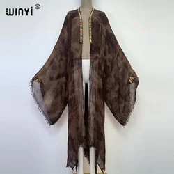 WINYI Women free size Skin-friendly soft retro tie-dye printed cardigan stitch Cocktail sexy Boho beach cover up Holiday kimono