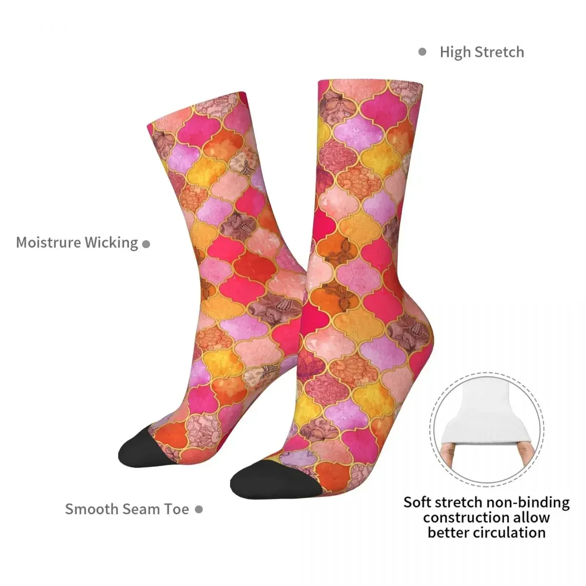 Hot Pink, Gold, Tangerine & Taupe Decorative Moroccan Tile Socks Soft Stockings All Season Long Socks for Man's Woman's Gifts