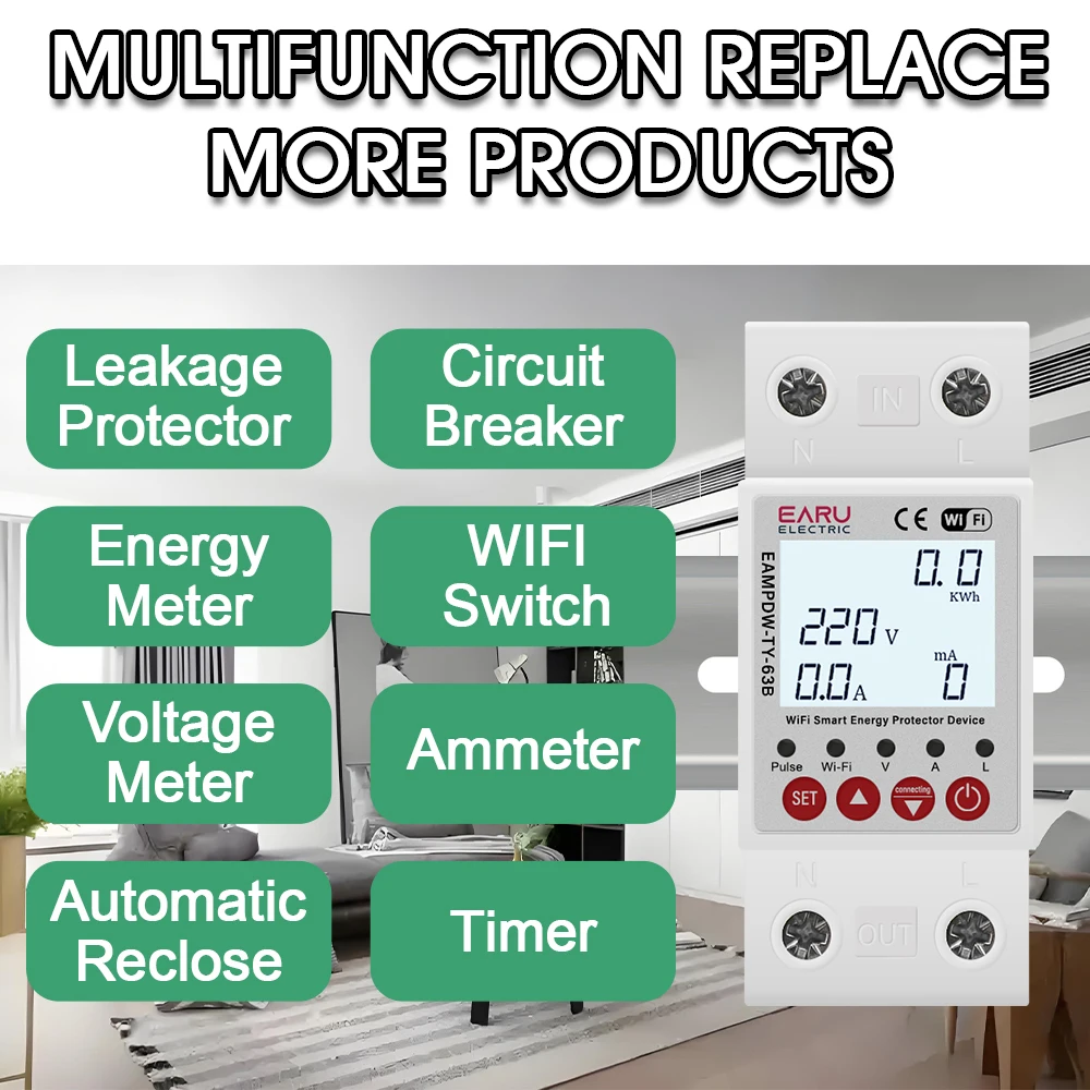 2P 63A TUYA APP WiFi Smart Circuit Earth Leakage Over Under Voltage Protector Relay Device Switch Breaker Energy Power kWh Meter