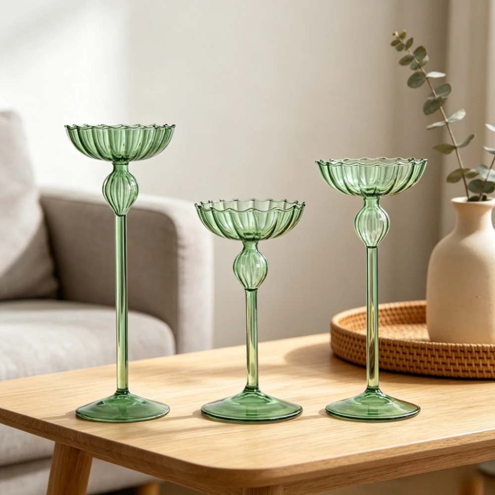 Vintage Transparent Glass Candlestick Holders Tall Stem Bowl Shaped Tealight Candle Holders Home Wedding Party Decor Ornament