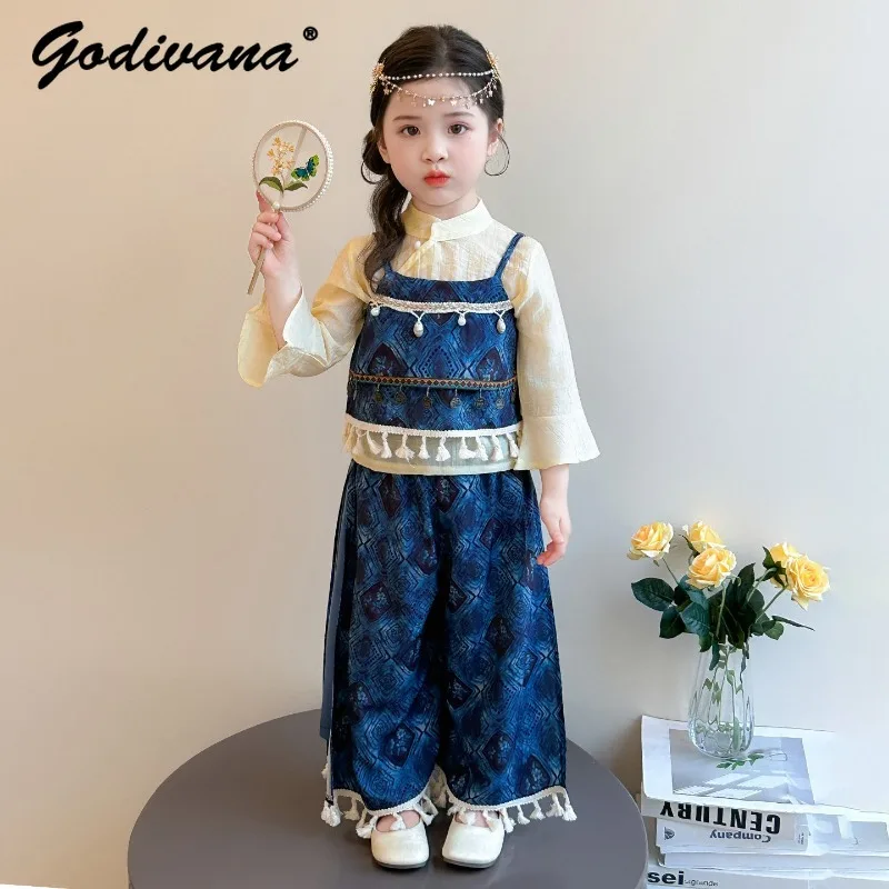 

Комплекты в китайском стиле для девочек, весна 2026, новые детские костюмы Ханьфу с кисточками, этнический сценический костюм, тай-дай, свободный крой, 3 предмета в комплекте