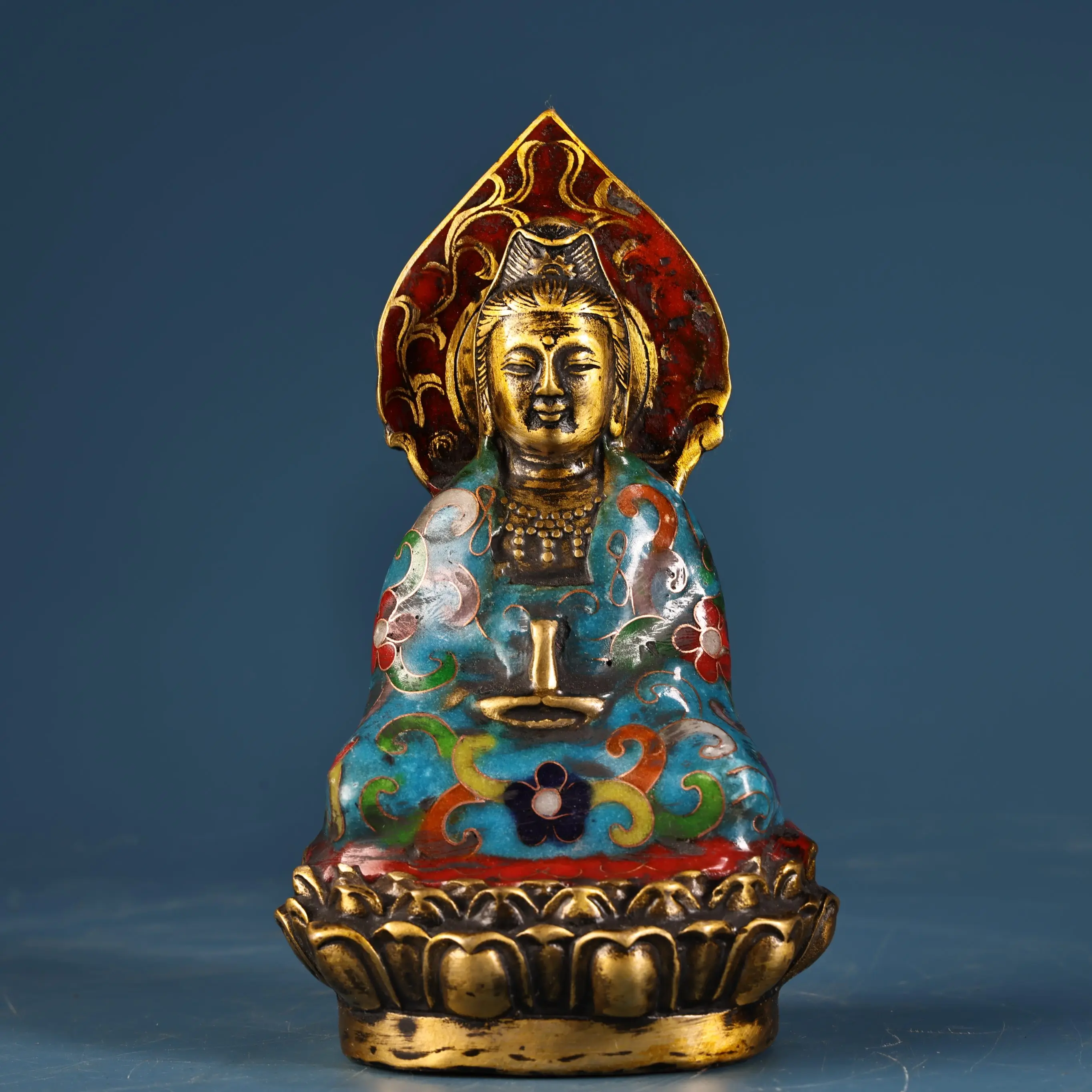 Old Bronze Cloisonne Enamel floral pattern Pure Bottle Guanyin Bodhisattva Buddha Head backlight Lotus Terrace Worship Hall