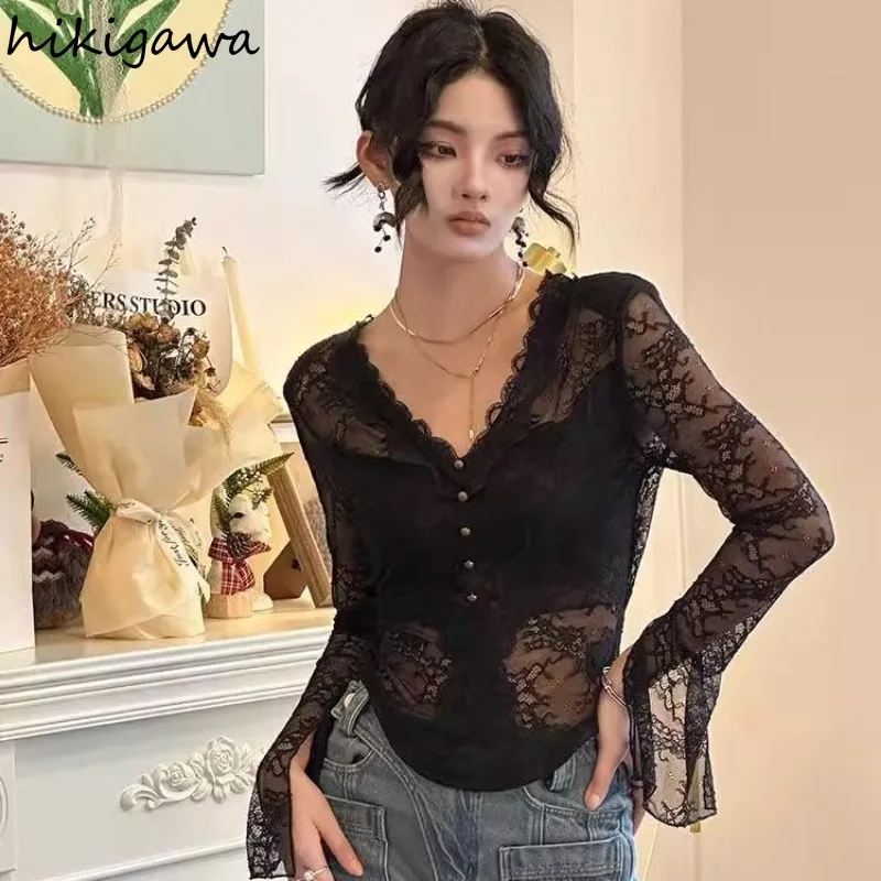 Sexy Blouses for Women Blusas De Mujer 2024 V-neck Long Sleeve Gauze Shirts Patchwork Lace Tunic Tops See Through Summer Blouse